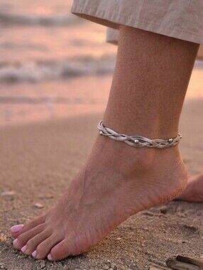 Silver Braided Snake Chain Adjustable Anklet with Bead Accents Summer Accesories